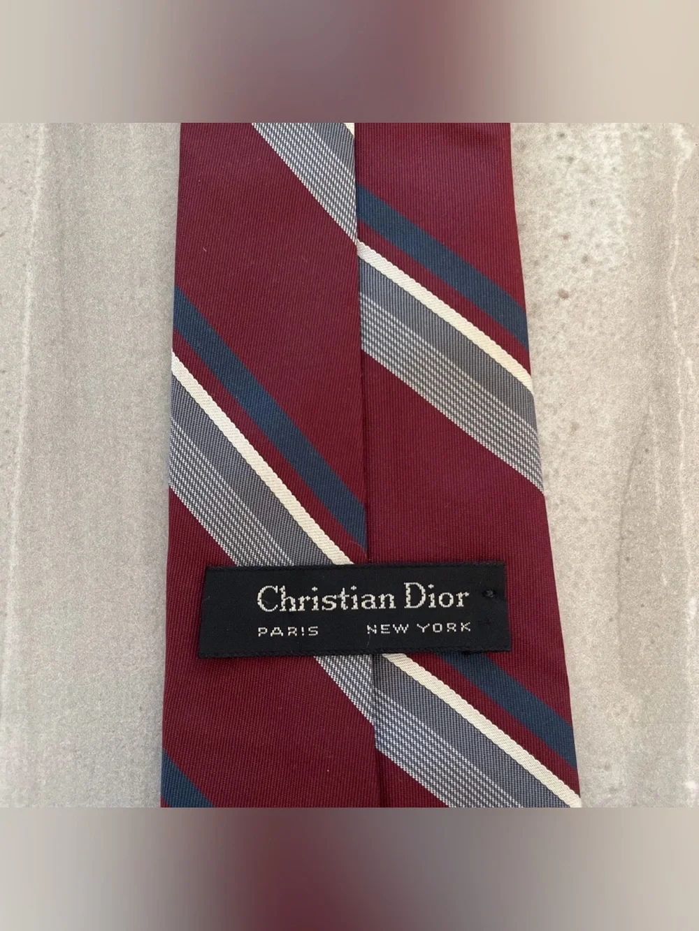 VTG Christian Dior Men’s Necktie Maroon White Blue Stripe Logo Wording